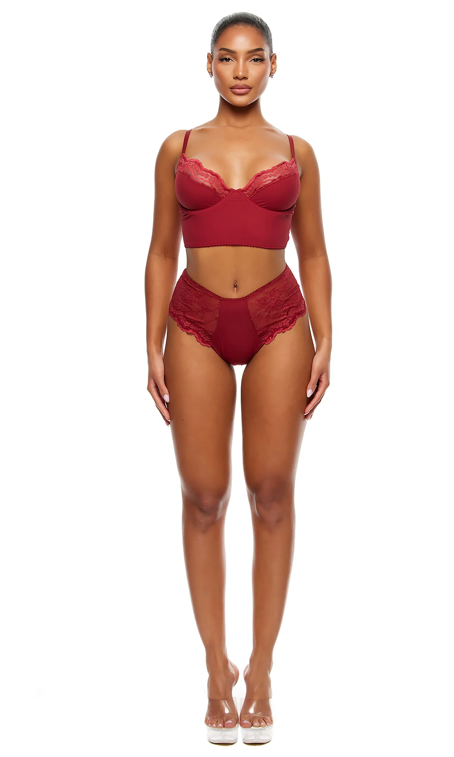 Self Care Ribbed Lace Longline Bra Set