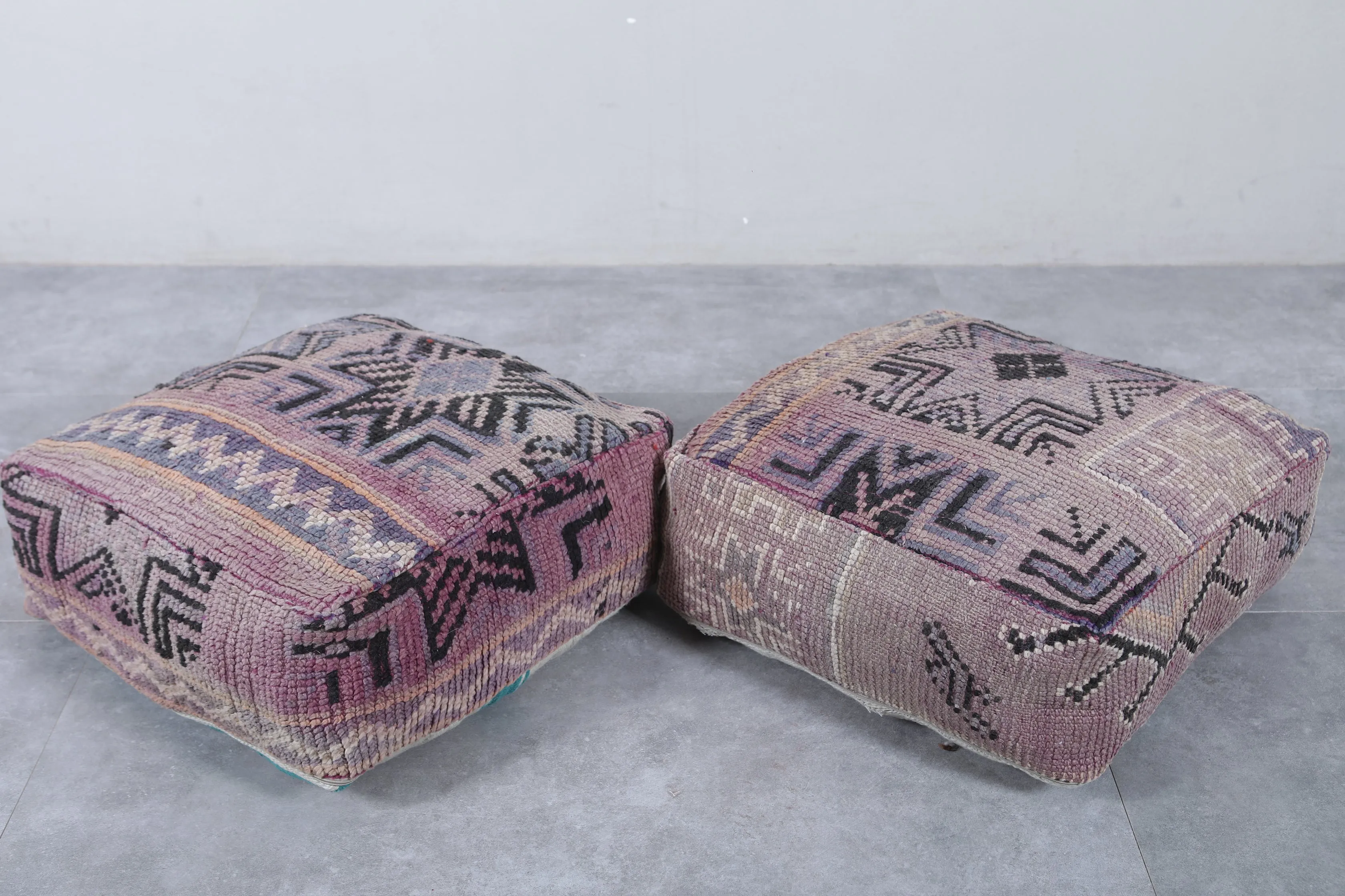 Set of 2 Vintage Moroccan Poufs - Handwoven Floor Cushions