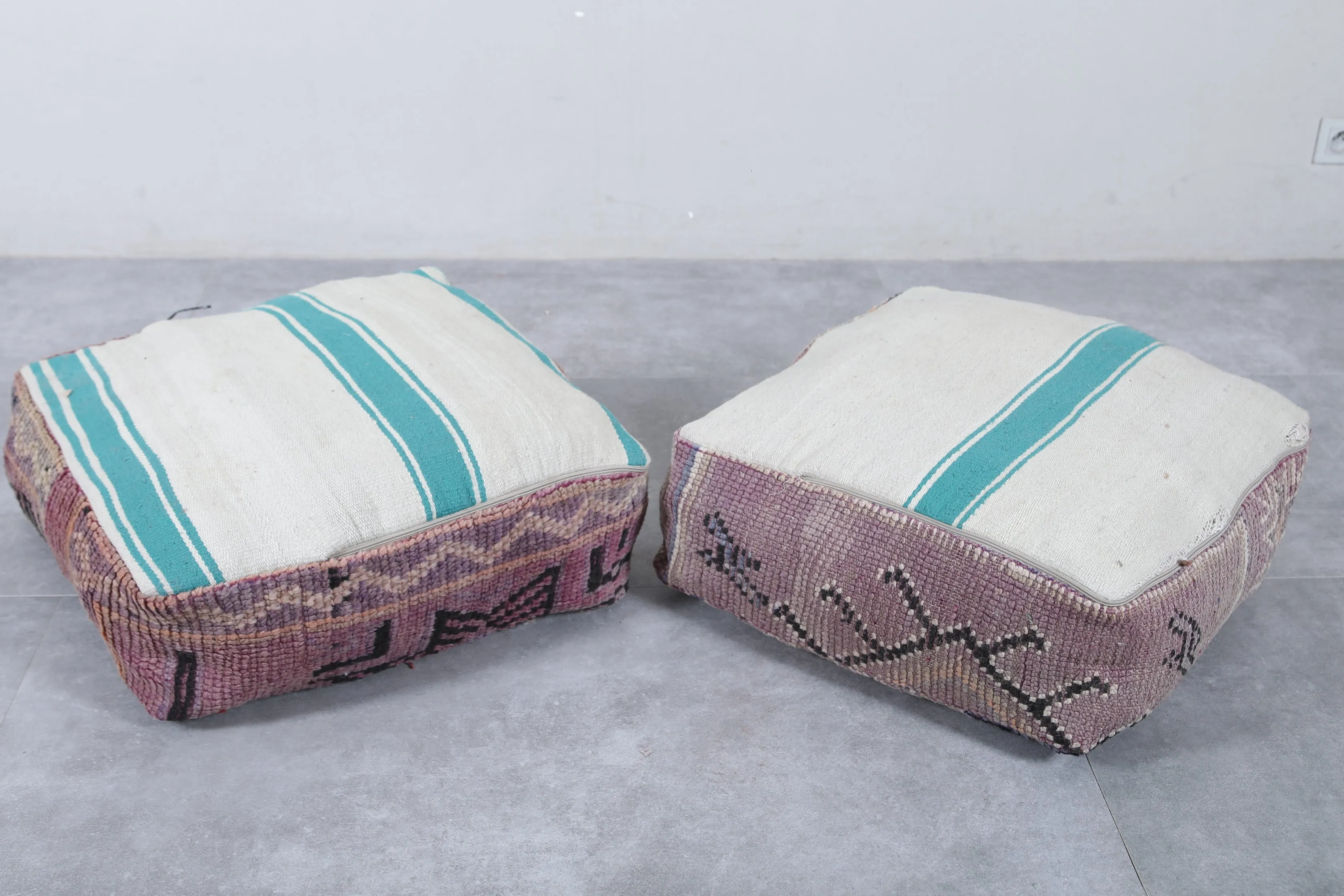 Set of 2 Vintage Moroccan Poufs - Handwoven Floor Cushions