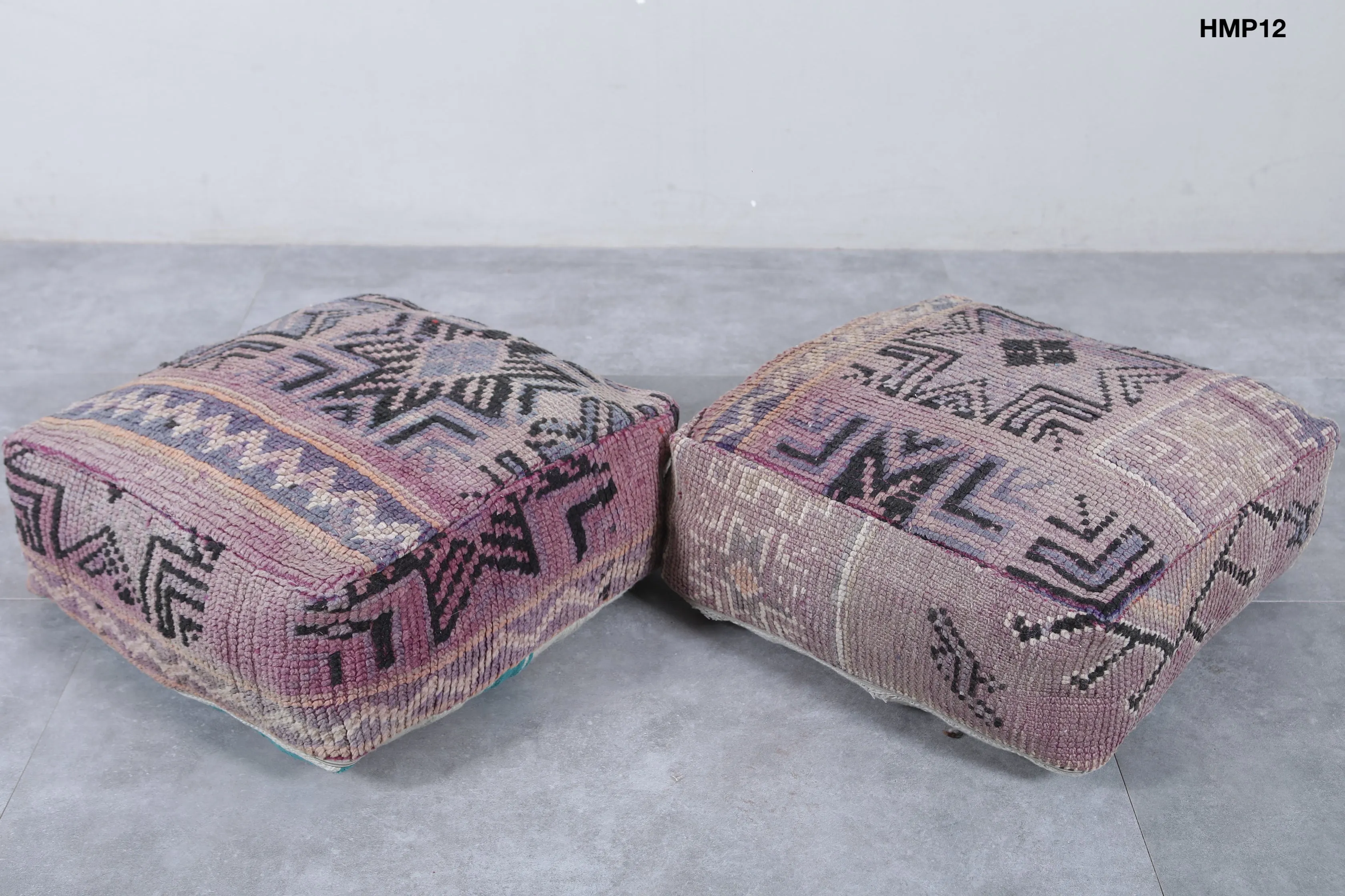 Set of 2 Vintage Moroccan Poufs - Handwoven Floor Cushions