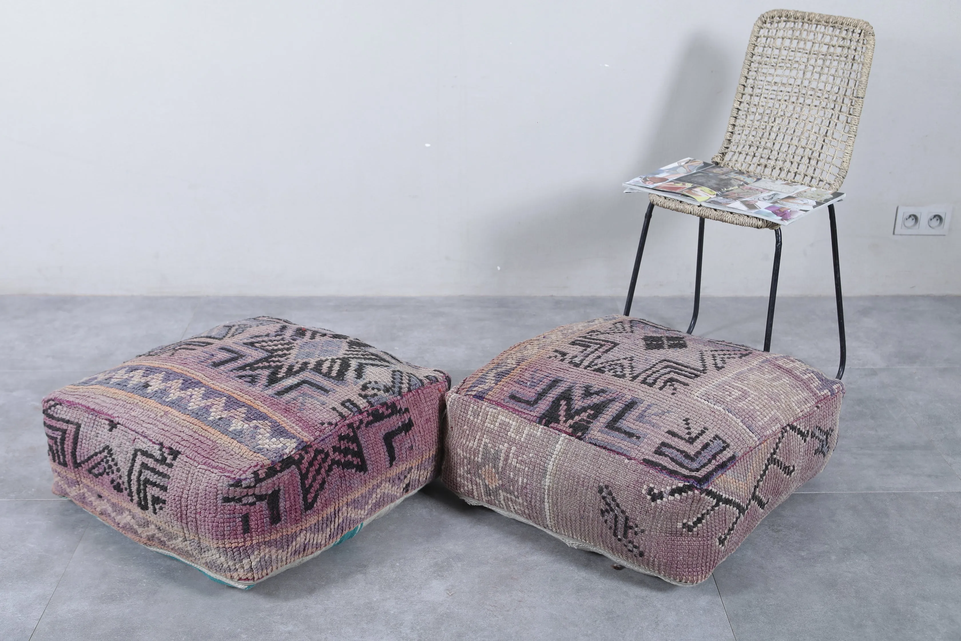 Set of 2 Vintage Moroccan Poufs - Handwoven Floor Cushions