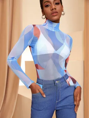 Stanislava Norets Women's Stand Collar Long Sleeve Mesh Top With Printed Design