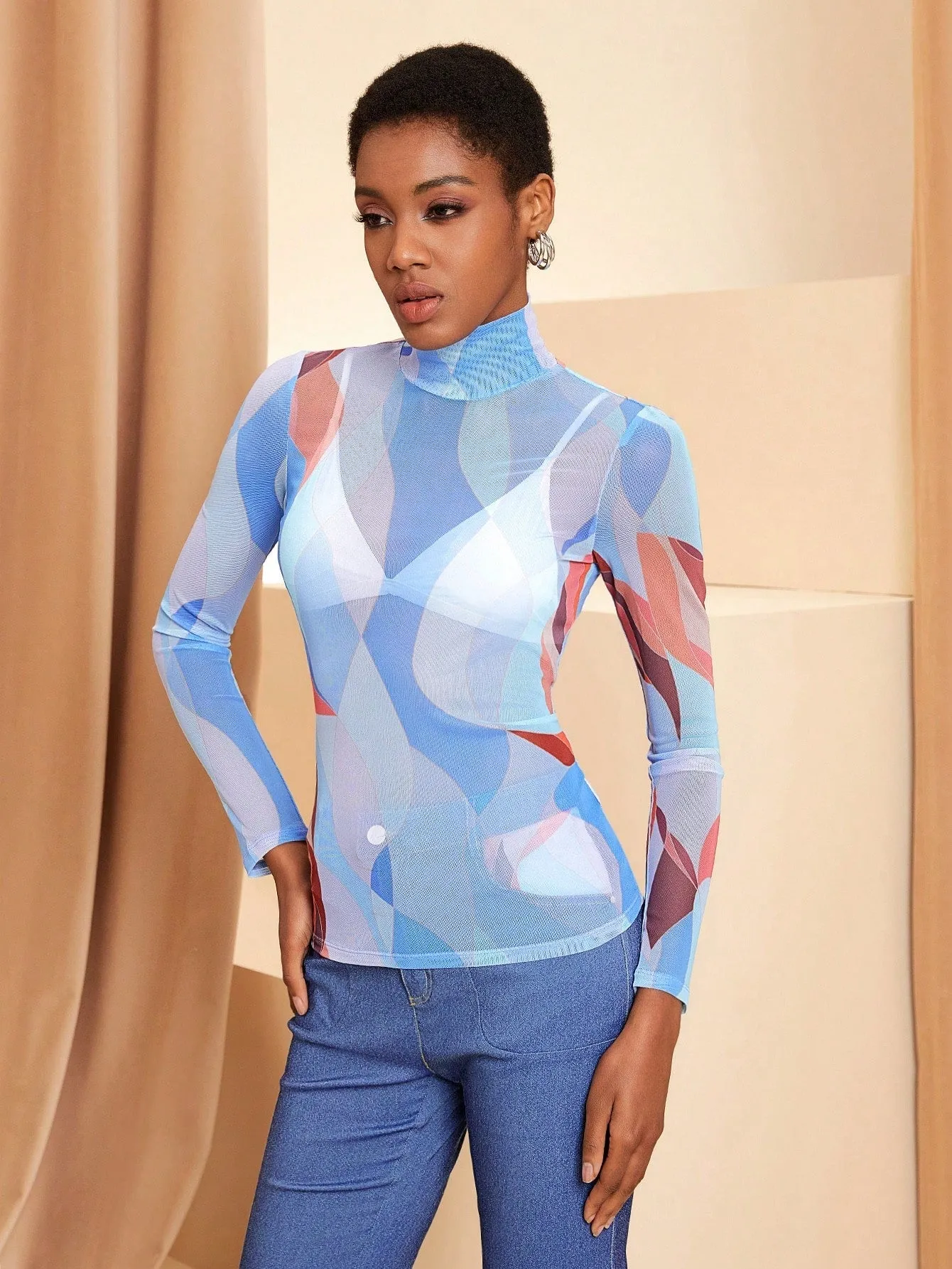 Stanislava Norets Women's Stand Collar Long Sleeve Mesh Top With Printed Design