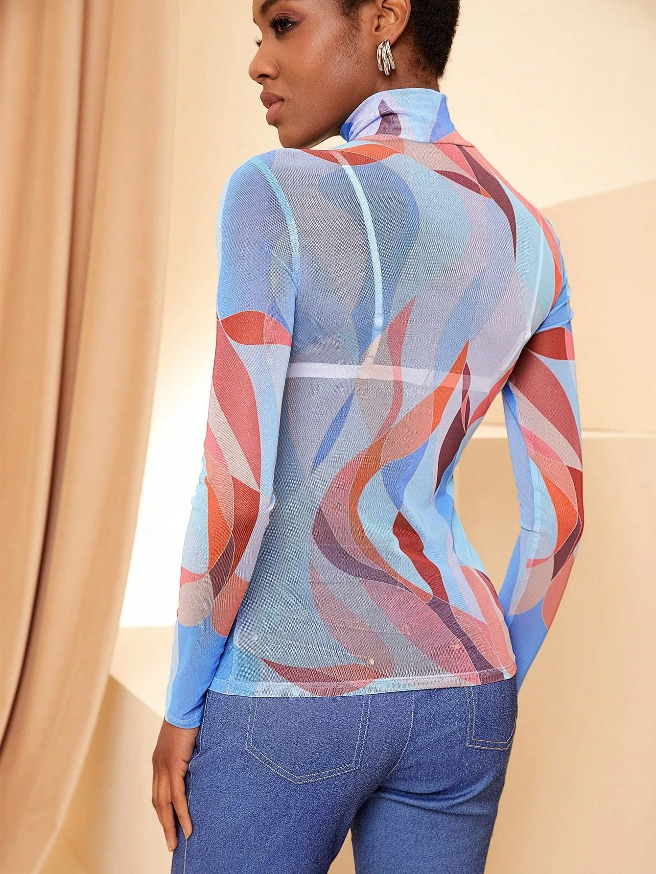 Stanislava Norets Women's Stand Collar Long Sleeve Mesh Top With Printed Design