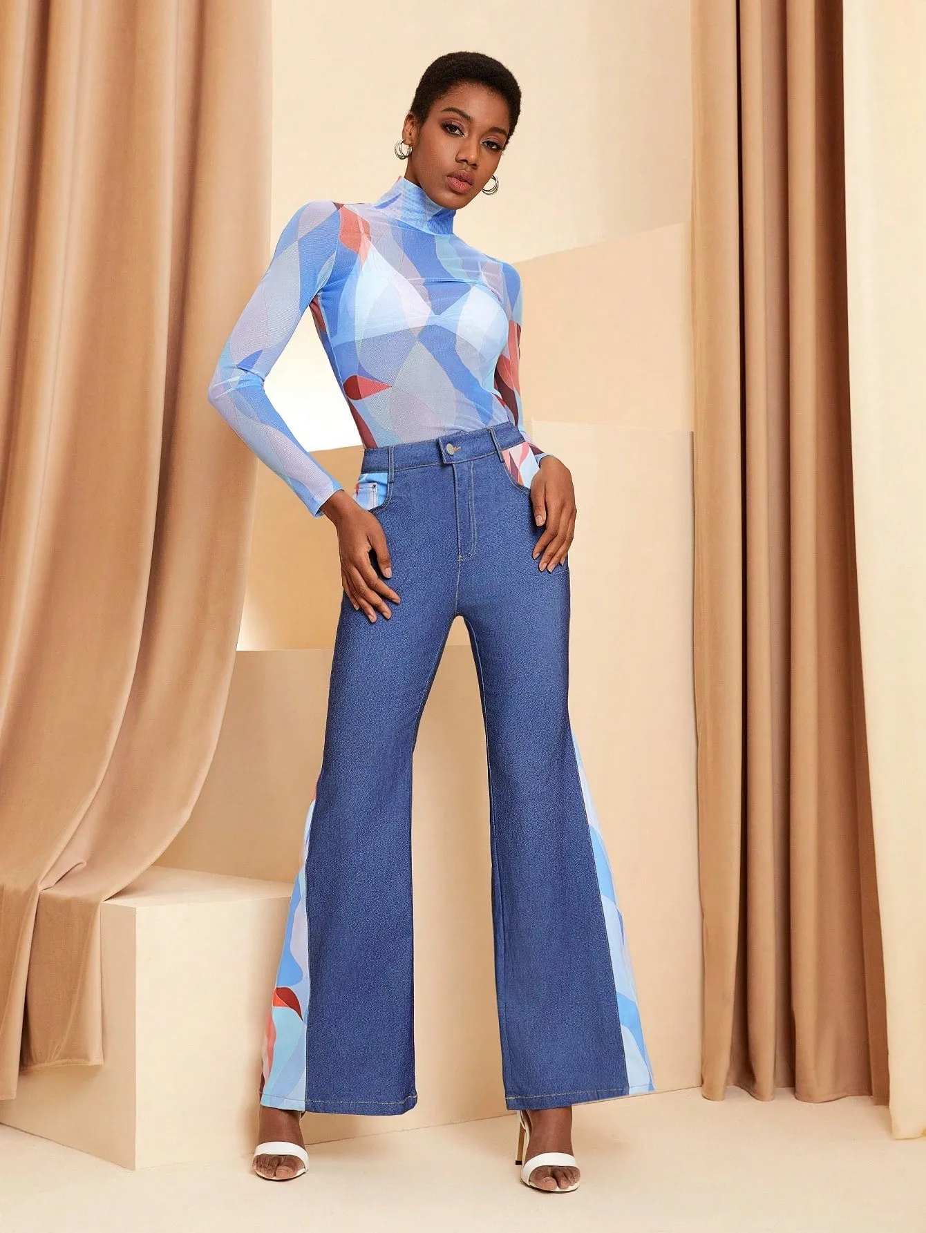 Stanislava Norets Women's Stand Collar Long Sleeve Mesh Top With Printed Design