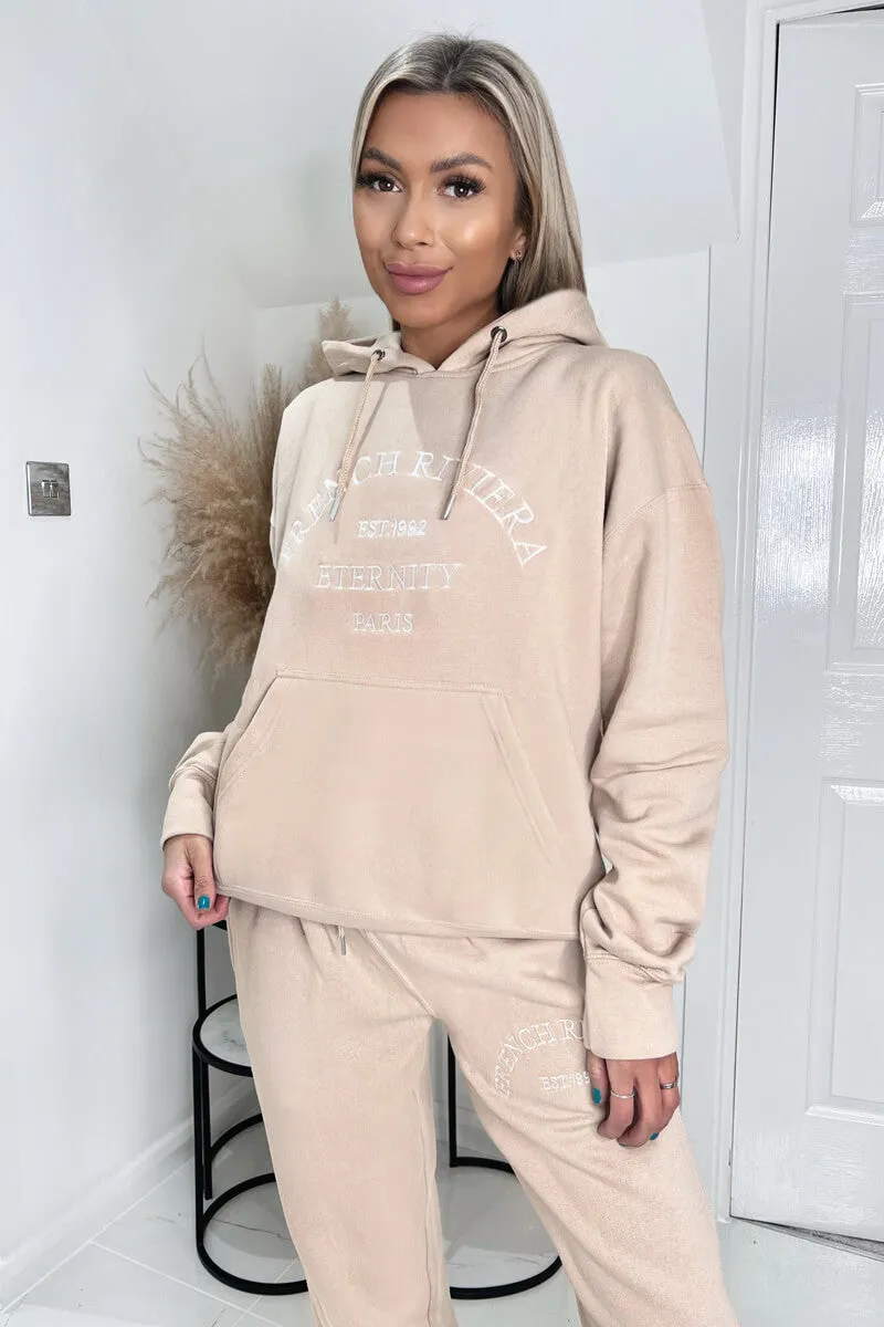 Stone French Riviera Embroidered Slogan Hoodie Lounge Set