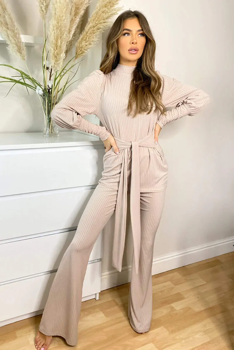 Stone Ribbed Tie Waist Lounge Set