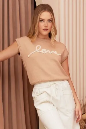 Tan Contrast Letter Round Neck Cap Sleeve Knit Top