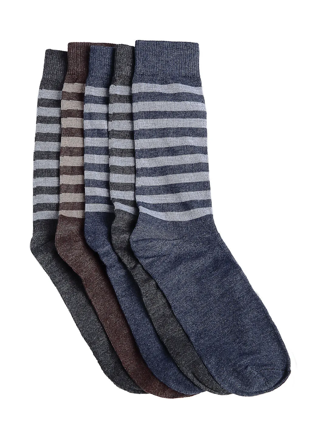 Texlon Men's Woolen Calf Length Striped Thick Winter Wear Socks (Multicolor, Free Size) - Pack of 5 Pairs