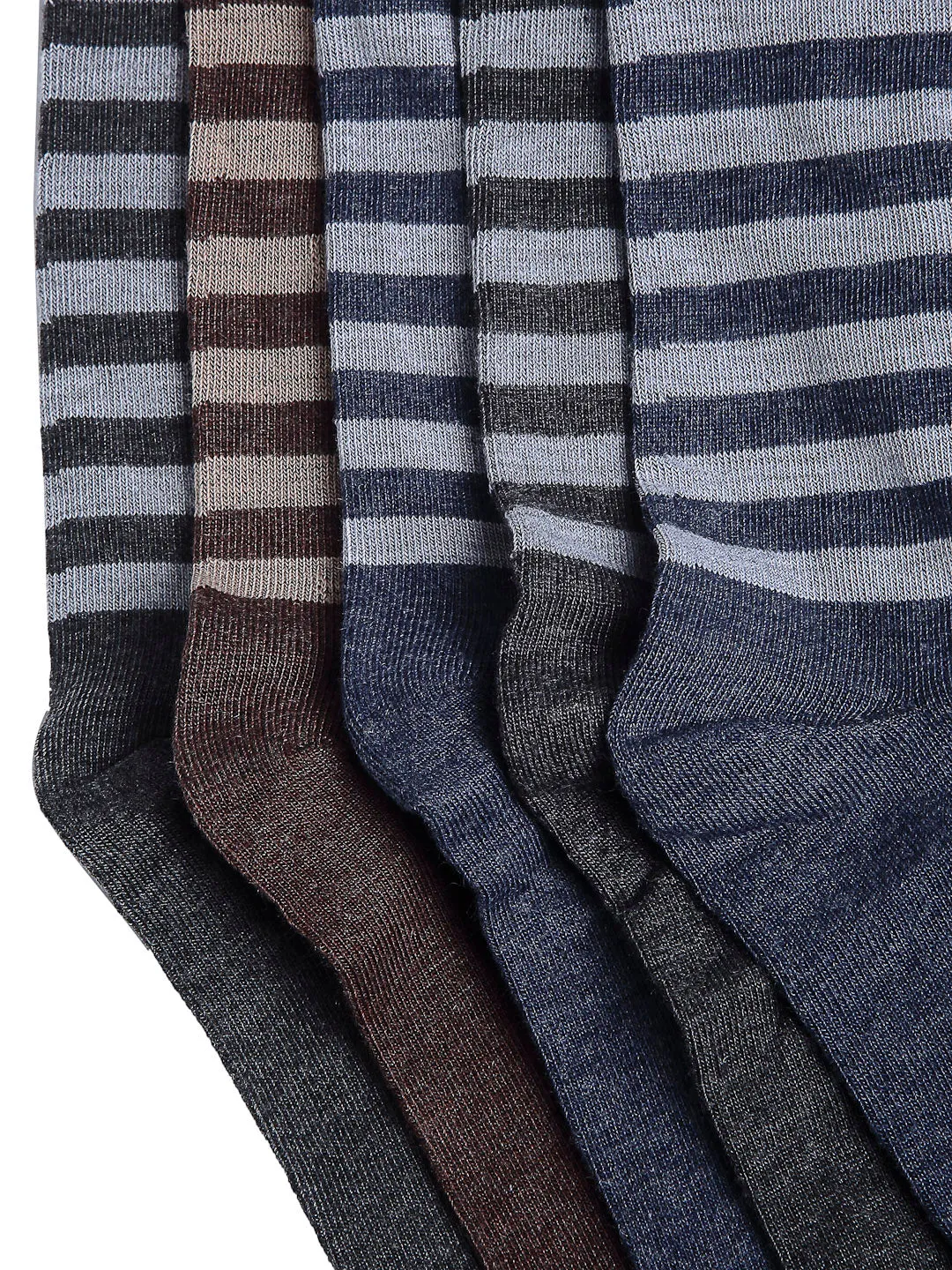 Texlon Men's Woolen Calf Length Striped Thick Winter Wear Socks (Multicolor, Free Size) - Pack of 5 Pairs