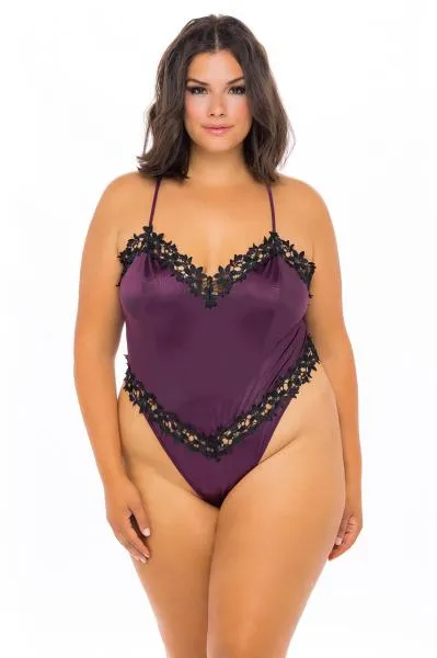 Thea Embroidered Satin Teddy - Italian Plum/Black - 1/2X