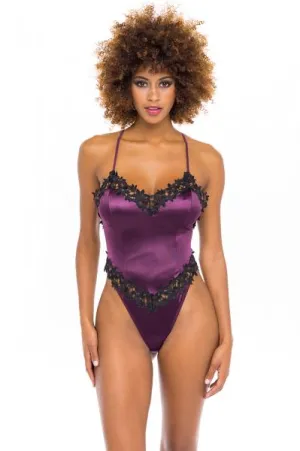 Thea Embroidered Satin Teddy - Italian Plum/Black -
