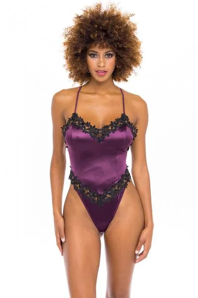 Thea Embroidered Satin Teddy - Italian Plum/Black -