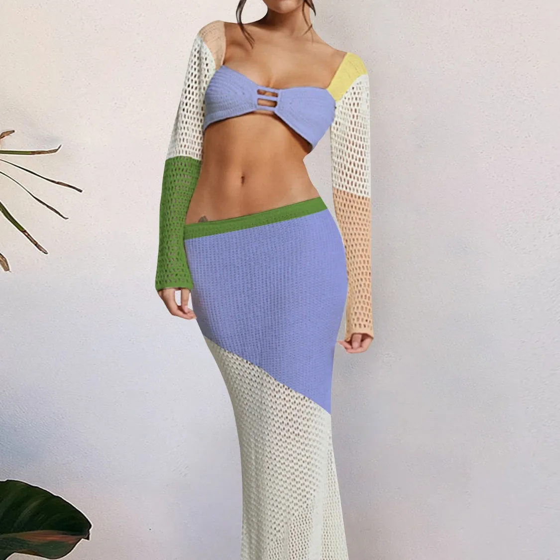 Tied Long Sleeve Top and Skirt Cover Up Set