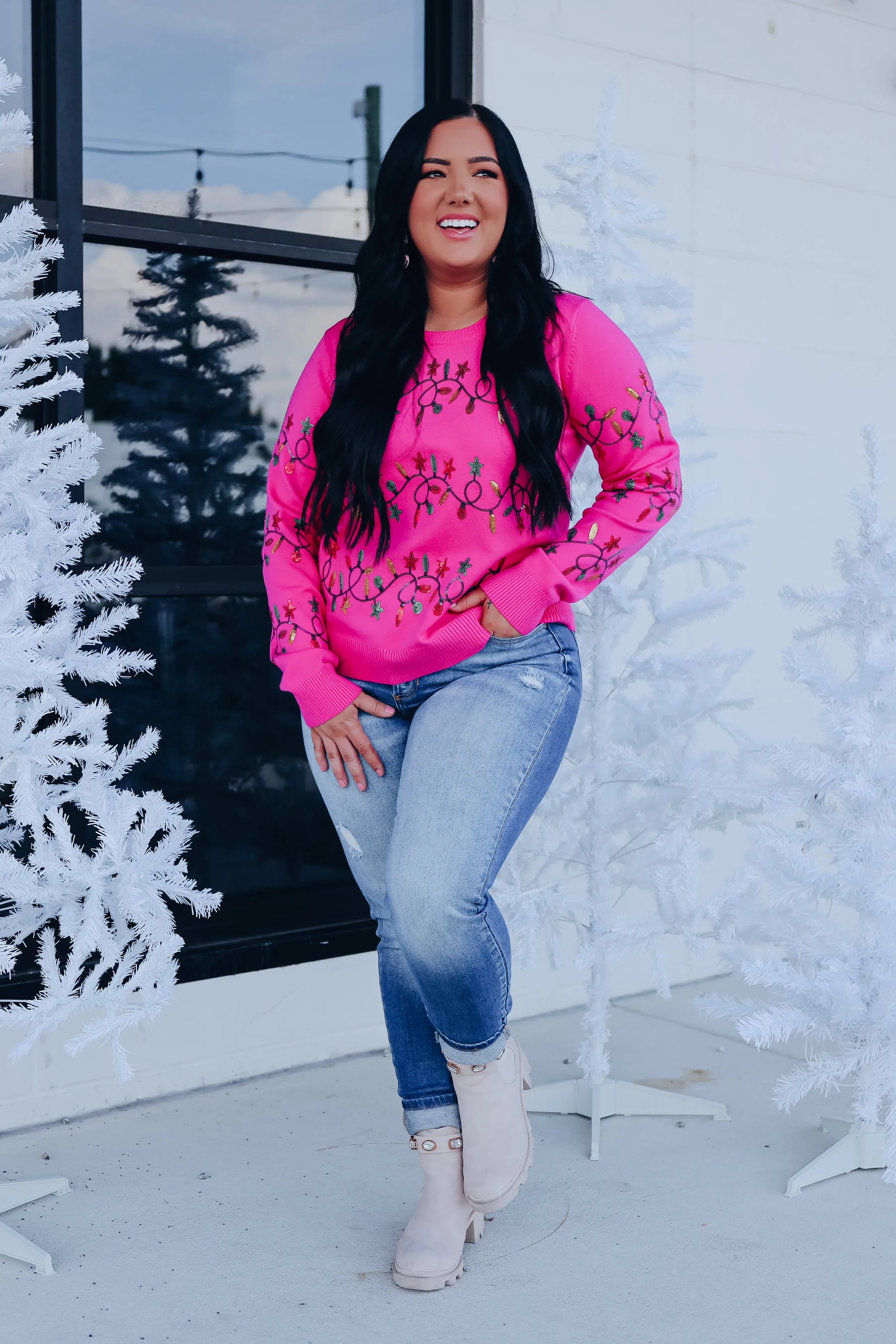 Twinkling Lights Holiday Sweater - Pink