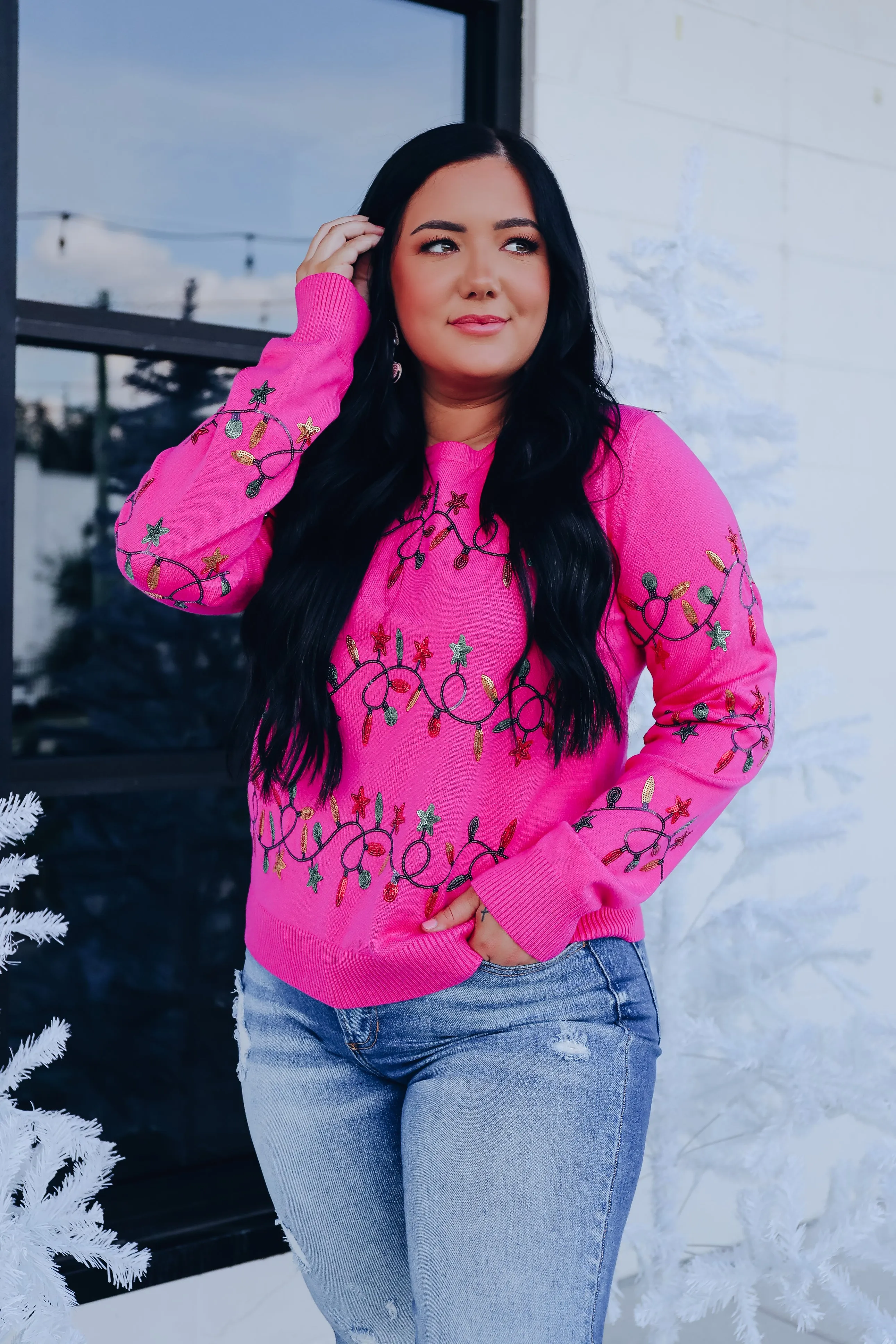 Twinkling Lights Holiday Sweater - Pink
