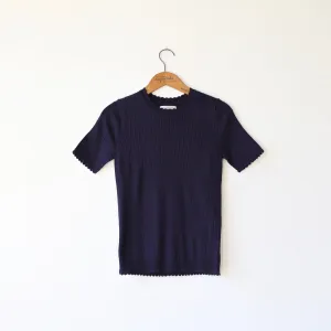 Une Heures Italian Silk Scallop Short Sleeve - Dark Navy