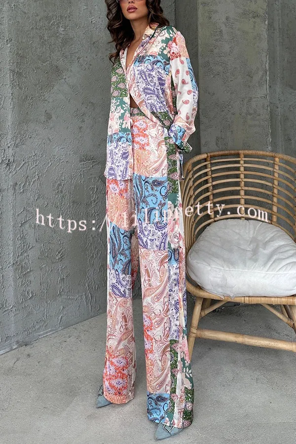Unique Ethnic Print Long-sleeved Shirt and Elastic Waist Pants Set
