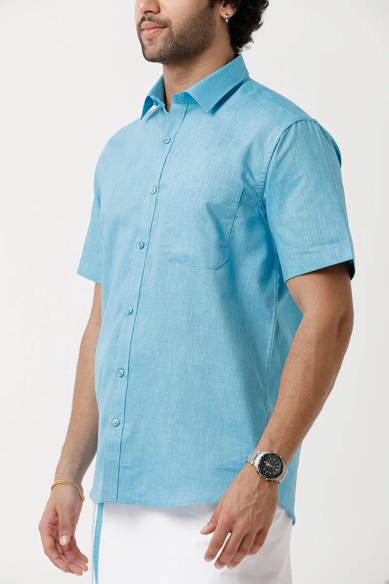 Varna - Light Blue Matching Shirt and Single Dhoti Set For Men | Uathayam
