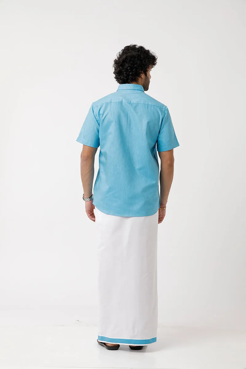 Varna - Light Blue Matching Shirt and Single Dhoti Set For Men | Uathayam
