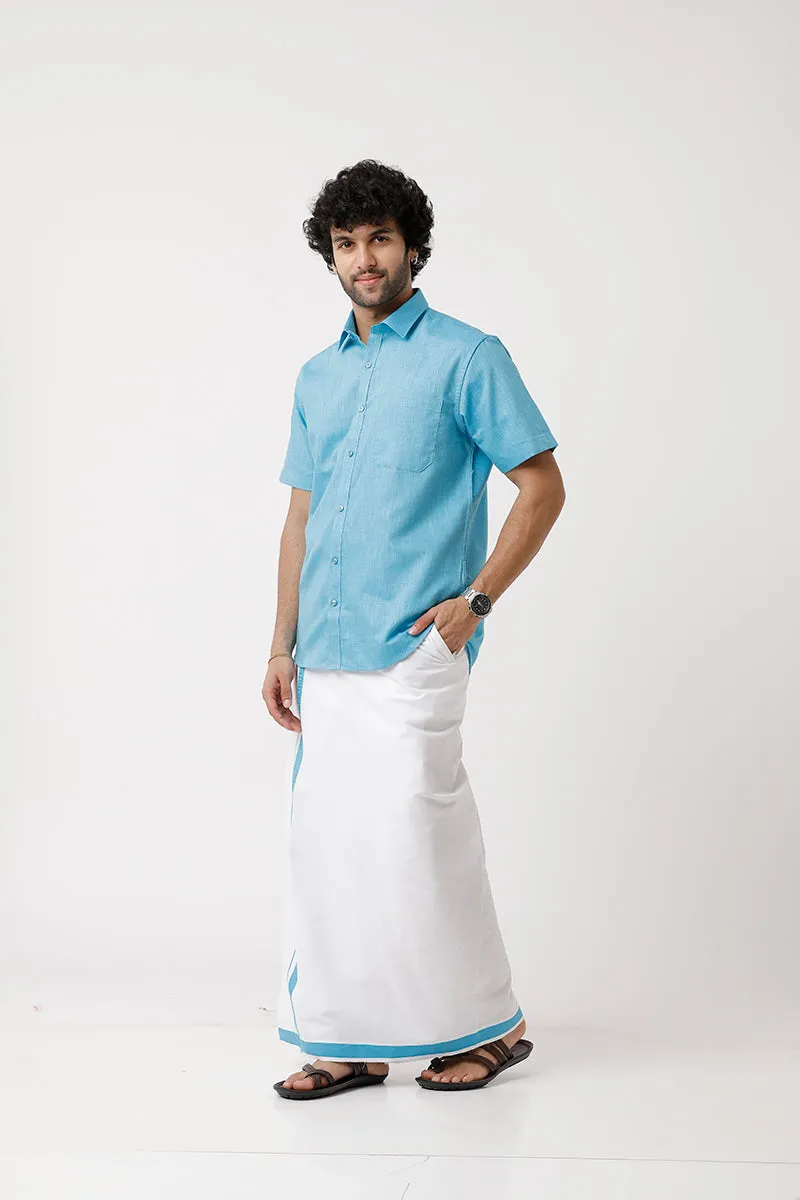 Varna - Light Blue Matching Shirt and Single Dhoti Set For Men | Uathayam