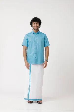 Varna - Light Blue Matching Shirt and Single Dhoti Set For Men | Uathayam