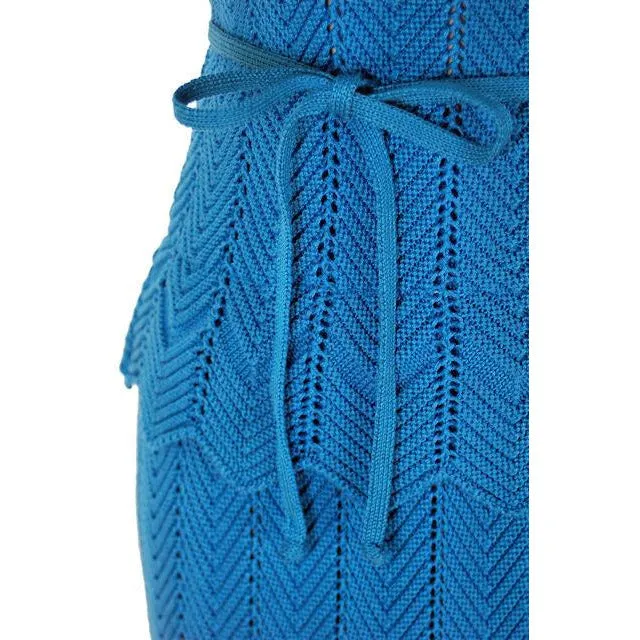 Vintage Ladies Blue Chevron Knit Sweater Suit Oscar De La Renta 1970s Small