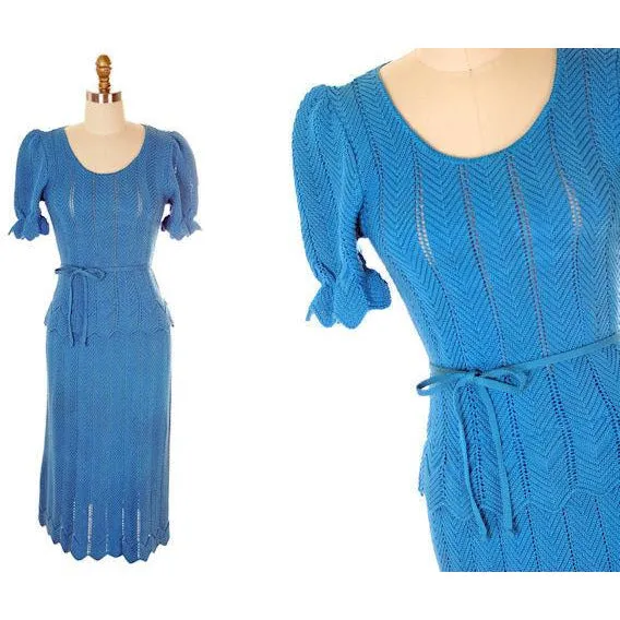 Vintage Ladies Blue Chevron Knit Sweater Suit Oscar De La Renta 1970s Small