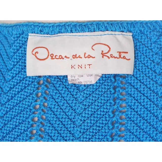 Vintage Ladies Blue Chevron Knit Sweater Suit Oscar De La Renta 1970s Small
