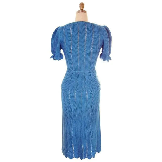 Vintage Ladies Blue Chevron Knit Sweater Suit Oscar De La Renta 1970s Small