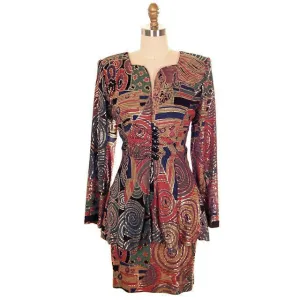 Vintage Ladies Suit Drippy Abstract Metallic Knit Caché 1980s Med
