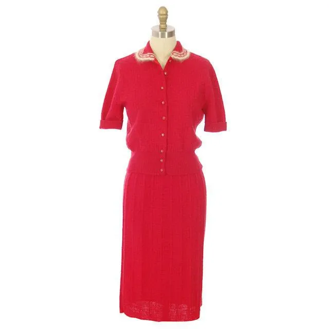 Vintage Sweater Suit Lipstick Red Womens 2PC  1950s 36-28-38