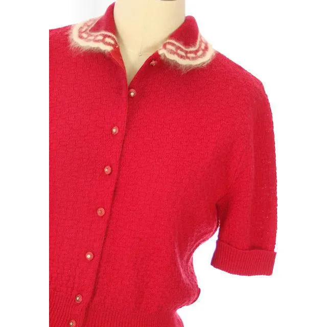 Vintage Sweater Suit Lipstick Red Womens 2PC  1950s 36-28-38