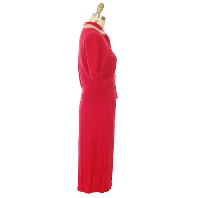 Vintage Sweater Suit Lipstick Red Womens 2PC  1950s 36-28-38