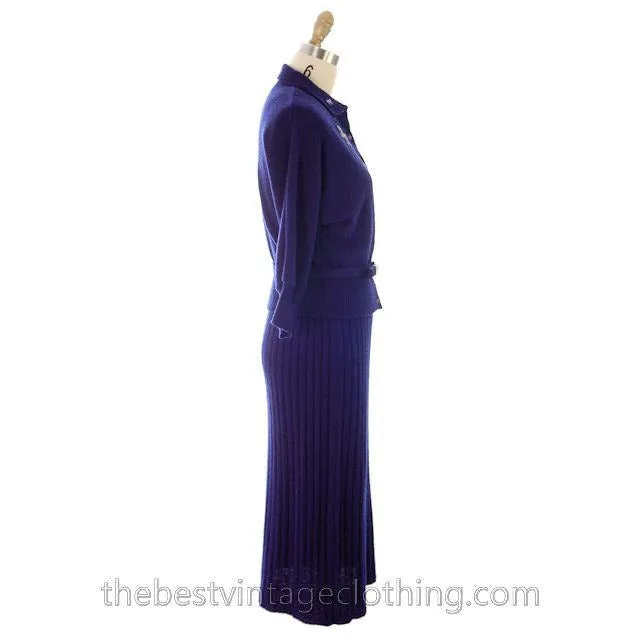 Vintage Wool Sweater Suit Gloria Knitwear Royal Blue Beaded 1950s S-M