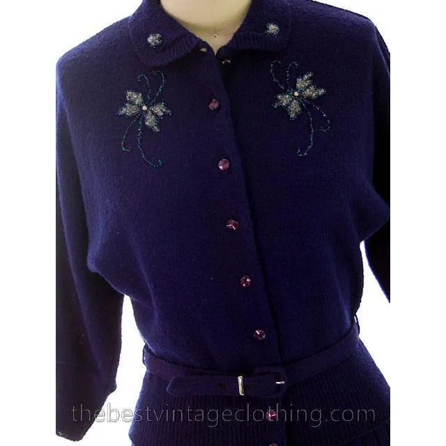 Vintage Wool Sweater Suit Gloria Knitwear Royal Blue Beaded 1950s S-M