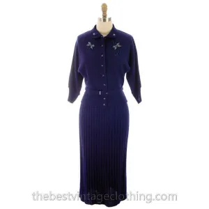 Vintage Wool Sweater Suit Gloria Knitwear Royal Blue Beaded 1950s S-M