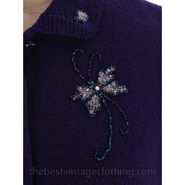 Vintage Wool Sweater Suit Gloria Knitwear Royal Blue Beaded 1950s S-M