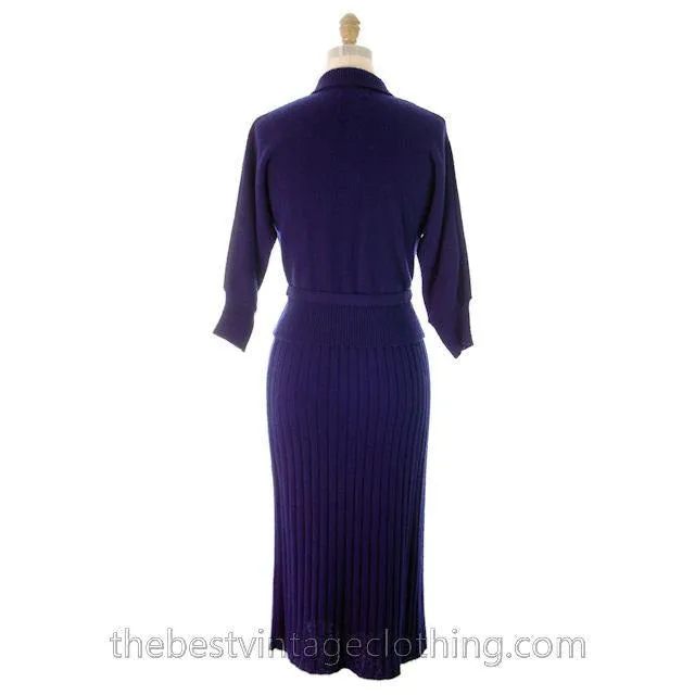Vintage Wool Sweater Suit Gloria Knitwear Royal Blue Beaded 1950s S-M