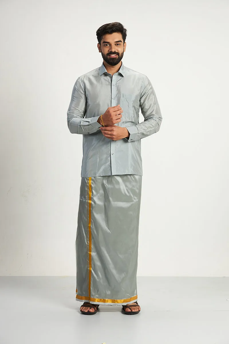 Vriksham - Gray Shirt and Matching Double Layered Dhoti With Towel 3 in 1 Wedding Set For Mens | Uathayam