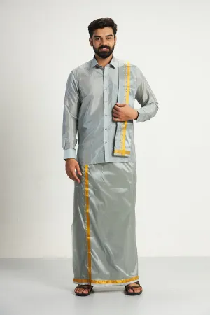 Vriksham - Gray Shirt and Matching Double Layered Dhoti With Towel 3 in 1 Wedding Set For Mens | Uathayam