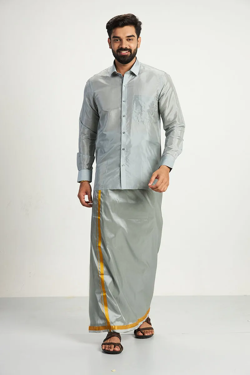 Vriksham - Gray Shirt and Matching Double Layered Dhoti With Towel 3 in 1 Wedding Set For Mens | Uathayam