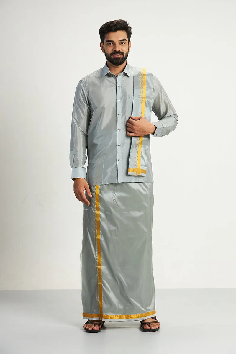 Vriksham - Gray Shirt and Matching Double Layered Dhoti With Towel 3 in 1 Wedding Set For Mens | Uathayam