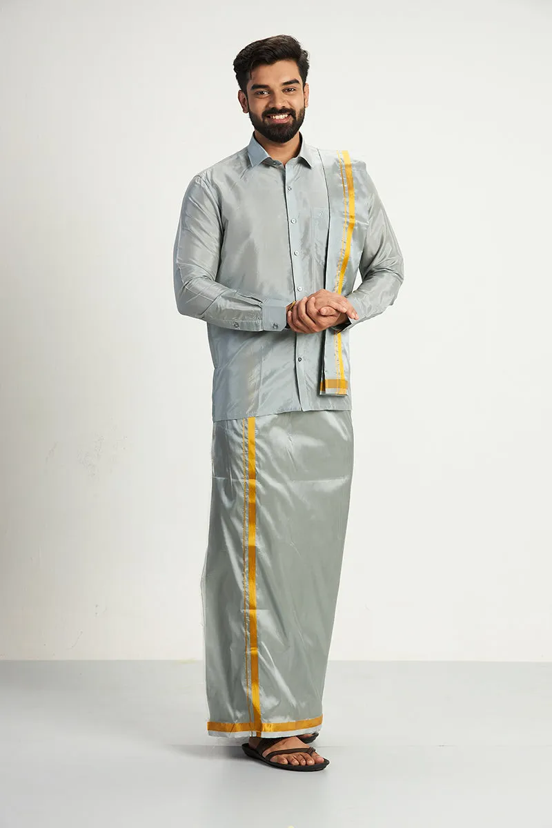 Vriksham - Gray Shirt and Matching Double Layered Dhoti With Towel 3 in 1 Wedding Set For Mens | Uathayam