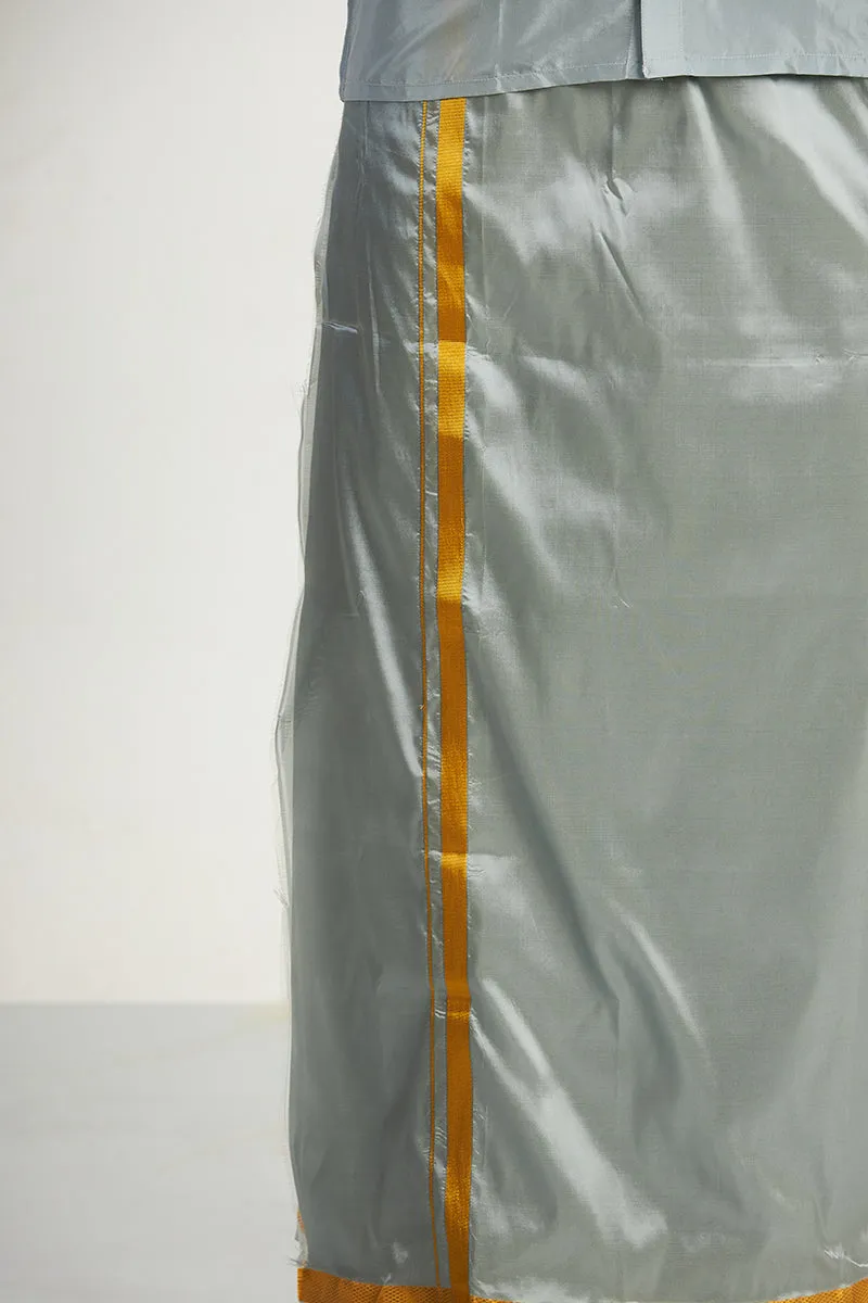 Vriksham - Gray Shirt and Matching Double Layered Dhoti With Towel 3 in 1 Wedding Set For Mens | Uathayam