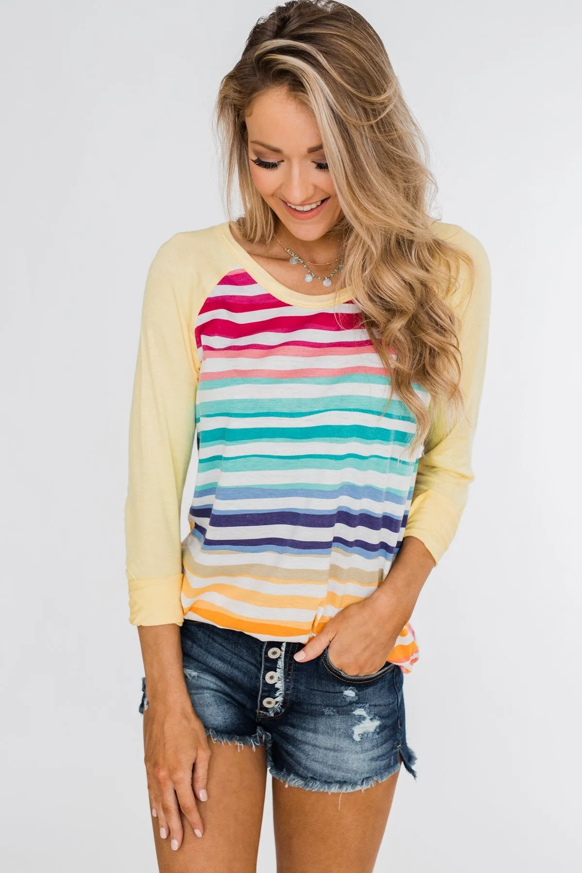 Waves of Color Striped Color Block Top- Yellow