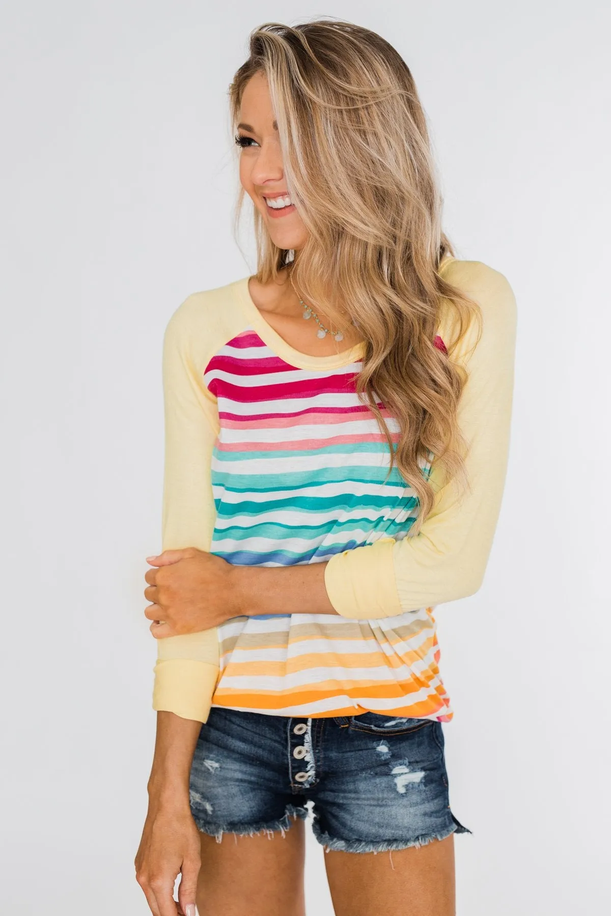 Waves of Color Striped Color Block Top- Yellow