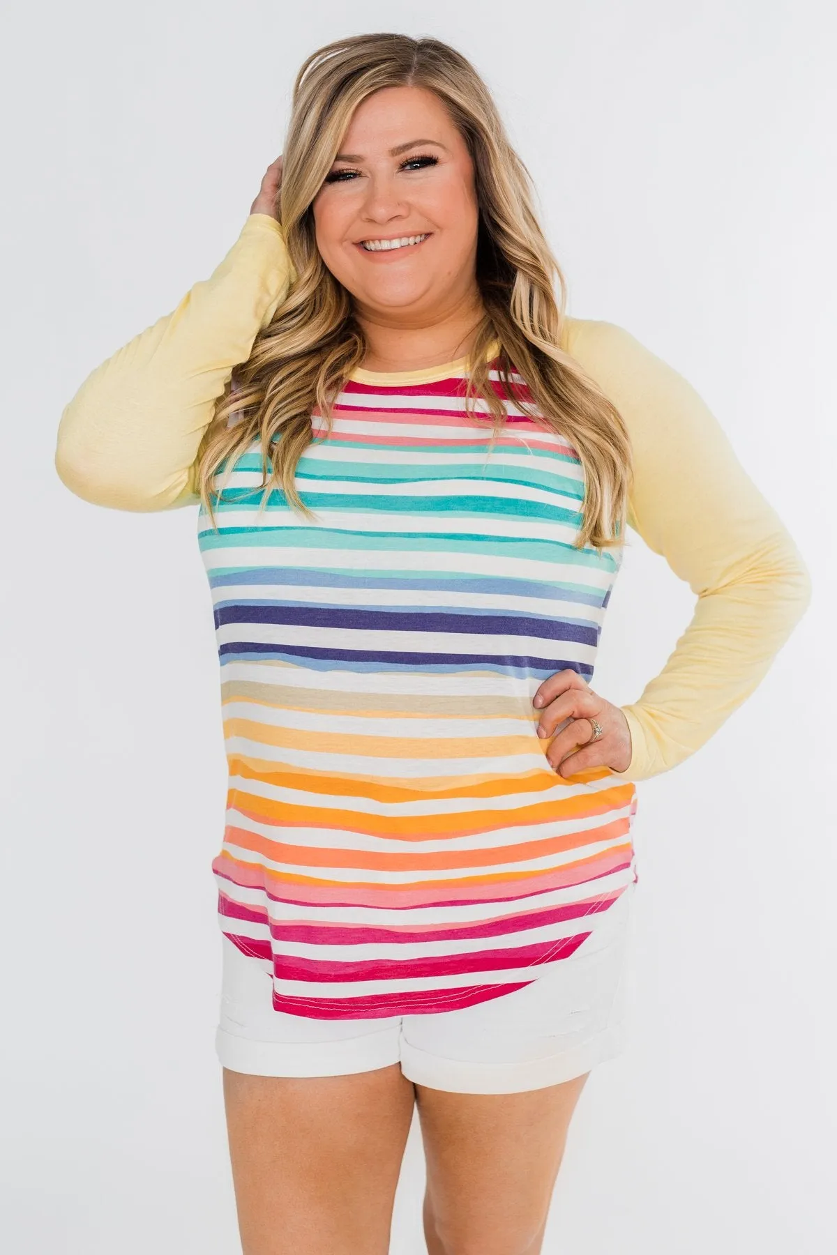 Waves of Color Striped Color Block Top- Yellow