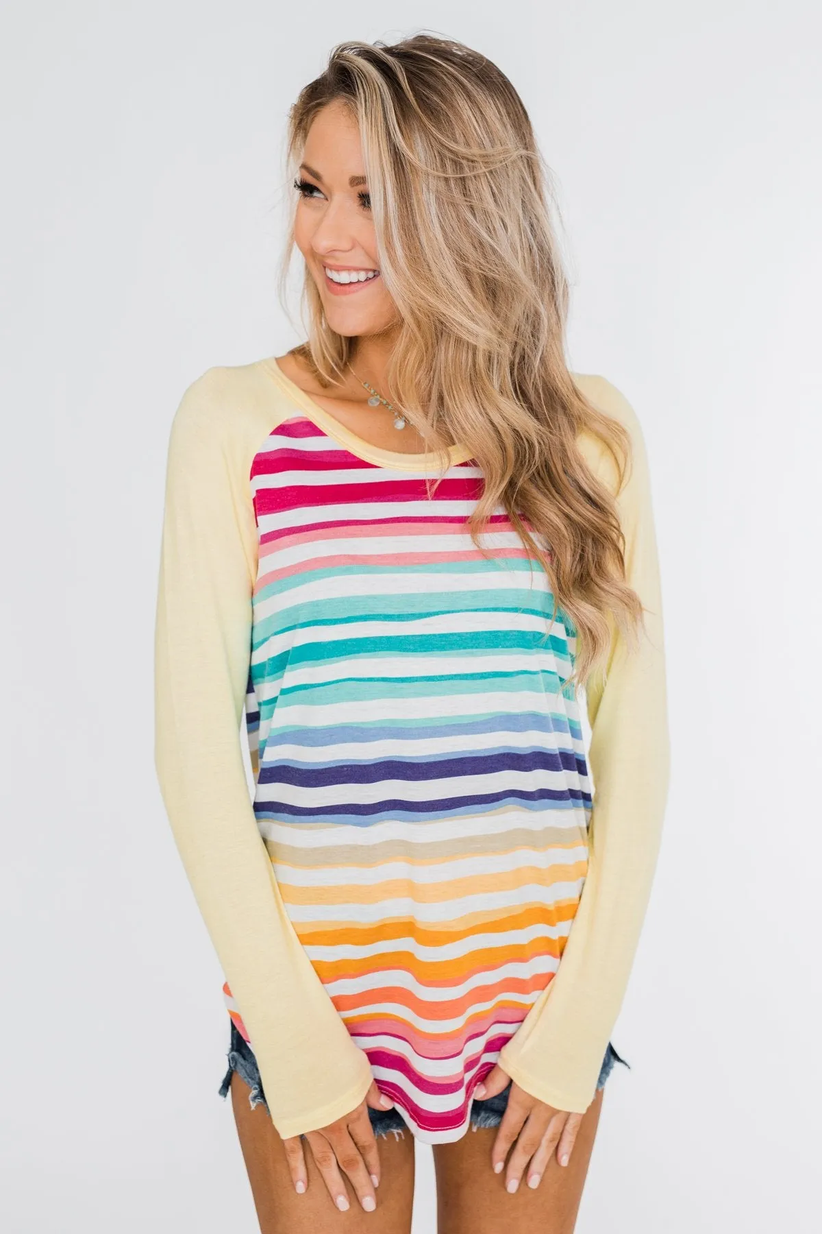 Waves of Color Striped Color Block Top- Yellow