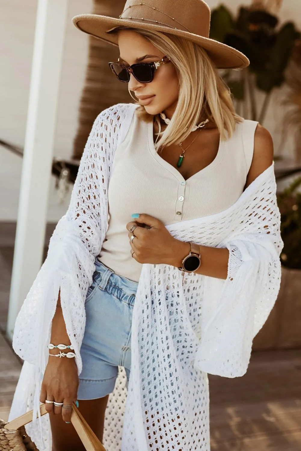 White Open Knit Drawstring Long Sleeve Cardigan